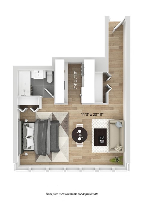 Floor plan for studio, 1 bath, 397 sqft